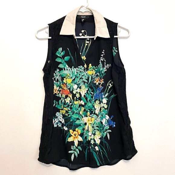 ALFANI PETITE Black Green Floral White? Collar Lace Sleeveless Button Blouse Top - Picture 1 of 16